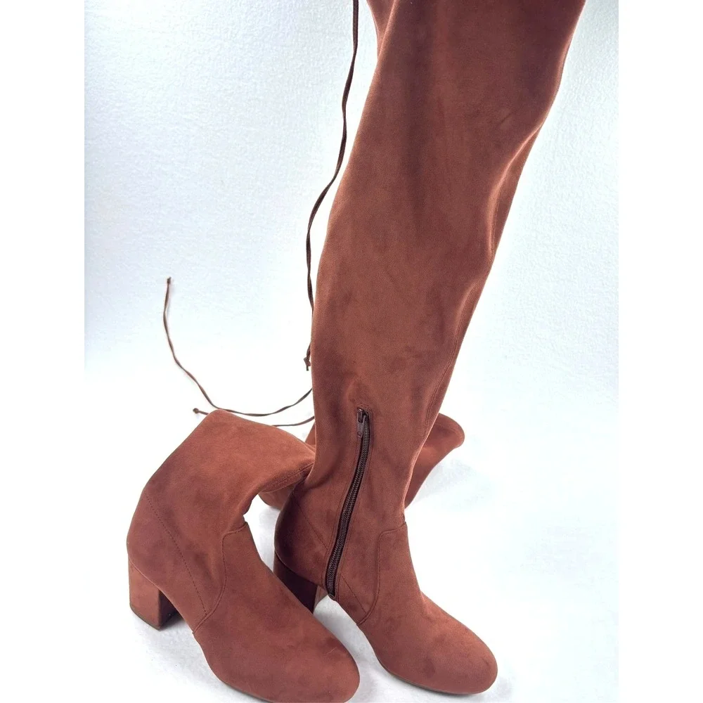 Gianni Bini Over The Knee Boots Brown Faux Suede Block Heel Women Size 6M
